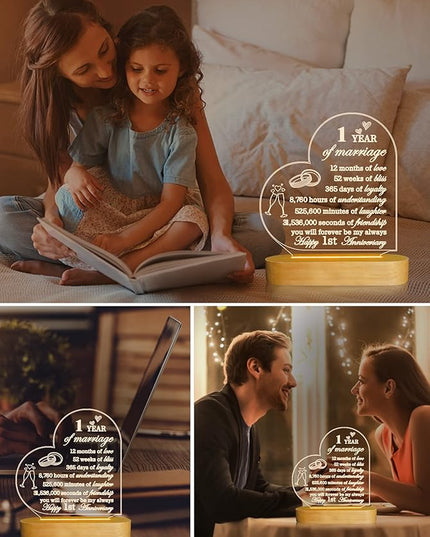 FULLOSUN Anniversary Wedding Gifts for Him/Her, I Love You Night Light 3D Illusion Lamp for Couple Wife Husband Romantic Valentines Wedding Day Present (1st) - LeafyLoom