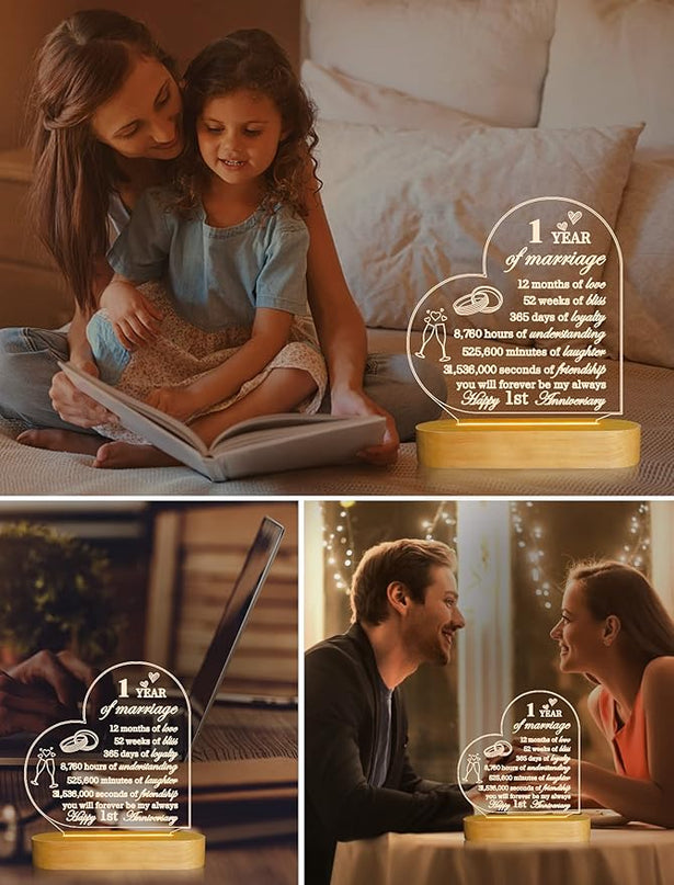 FULLOSUN Anniversary Wedding Gifts for Him/Her, I Love You Night Light 3D Illusion Lamp for Couple Wife Husband Romantic Valentines Wedding Day Present (1st) - LeafyLoom