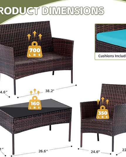 Patio Furniture Set,4 Piece Garden Conversation Set, Outdoor Wicker Rattan Table and Chairs, Black Patio Set, Sectional Sofa with Thick Cushion for Garden, Yard, or Porch (Brown/Blue) - LeafyLoom