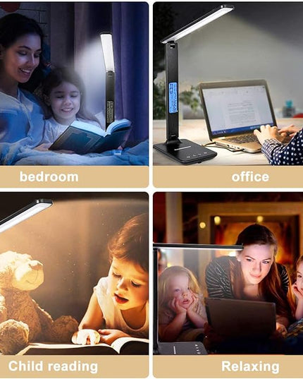 LED Desk Lamp, Desk Lamp with Wireless Charger, Suitable for Home, Office Dimmable Desk Lamp, with USB Charging Port, Built-in Clock, Calendar, Thermometer and Automatic Timing Reading Desk Lamp. - LeafyLoom