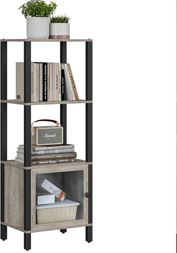 TUTOTAK 4 Tier Bookcase and Bookshelf, Narrow Book shelf with Door for Small Space, for Living Room, Office, Study, Entryway, Greige BS03BG004 - LeafyLoom