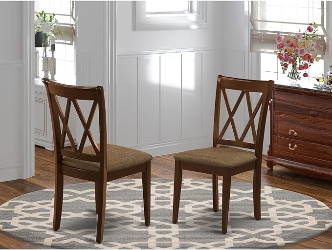 East West Furniture CLC-MAH-C Clarksville Dinette Chairs - Linen Fabric Upholstered Wood Chairs, Set of 2, Mahogany - LeafyLoom