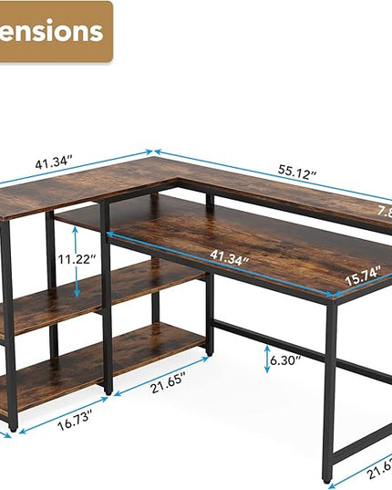Reversible L Shaped Computer Desk with Storage Shelf, Industrial Corner Desk with Monitor Stand for Home Office - LeafyLoom