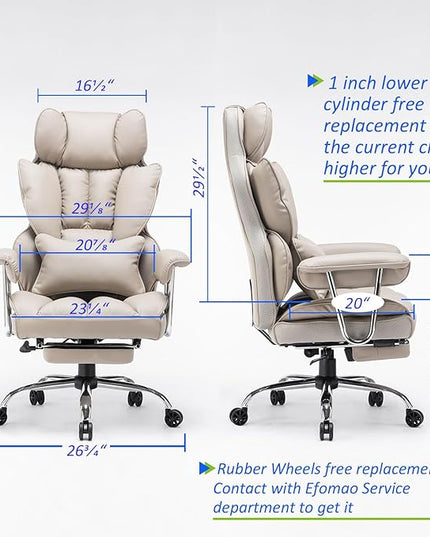 Desk Office Chair 400LBS, Big and Tall Office Chair, PU Leather Computer Chair, Executive Office Chair with Leg Rest and Lumbar Support, Grey Office Chair 1 - LeafyLoom