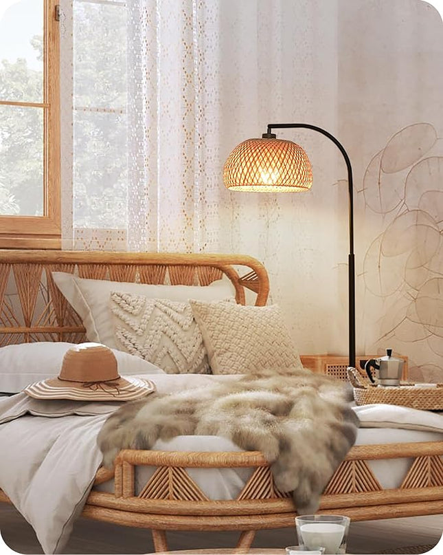 Boho Floor Lamp, Dimmable Floor Lamp, Bamboo Shade Corner Floor Lamp, Reading Lamp Height Adjustable with Remote, for Living Room, Bedroom, Study Room, 10W LED Bulb Included, Black B9LD05 - LeafyLoom