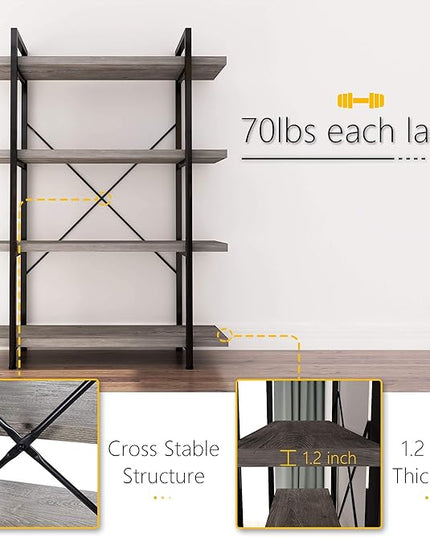 45MinST 4-Tier Vintage Industrial Style Bookcase/Metal and Wood Bookshelf Furniture for Collection, Gray Oak, 3/4/5 Tier (4-Tier) - LeafyLoom