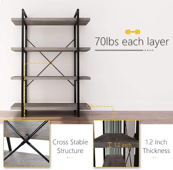 45MinST 4-Tier Vintage Industrial Style Bookcase/Metal and Wood Bookshelf Furniture for Collection, Gray Oak, 3/4/5 Tier (4-Tier) - LeafyLoom