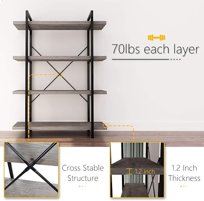 45MinST 4-Tier Vintage Industrial Style Bookcase/Metal and Wood Bookshelf Furniture for Collection, Gray Oak, 3/4/5 Tier (4-Tier) - LeafyLoom