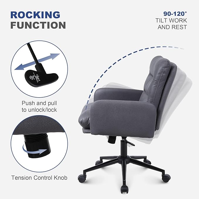 Adjustable Home Office Chair, Modern Mid Back Computer Desk Chair with Wheels, Ergonomic Upholstered Swivel Chair, Grey - LeafyLoom
