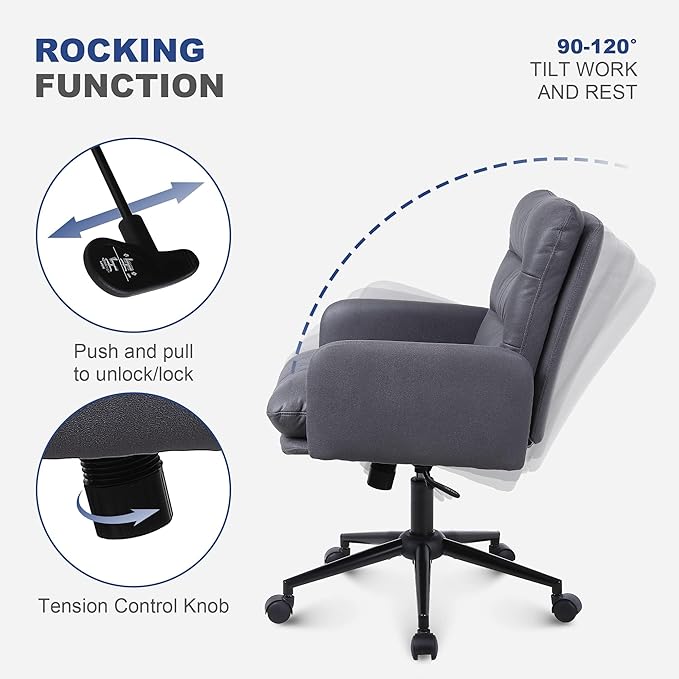 Adjustable Home Office Chair Set of 2, Modern Mid Back Computer Desk Chair with Wheels, Ergonomic Upholstered Swivel Chair, Grey - LeafyLoom