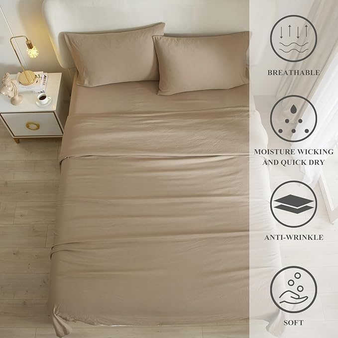 HighBuy Twin Bed Sheets Set - 3 Piece Bedding - Khaki Washed Microfiber Sheets Twin,Breathable Sheets Shrinkage and Fade Resistant - Deep Pocket 16 Inch - Easy Fit Fitted Sheet,Pillowcases Set - LeafyLoom