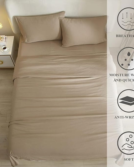 HighBuy Khaki Sheets for Queen Size Bed,4 Piece Cooling Sheets Queen Deep Pocket up to 16 Inch,Solid Bedding Sheets & Pillowcases Set,Wrinkle, Fade, Stain Resistant - 4 Piece (Queen, Khaki) - LeafyLoom