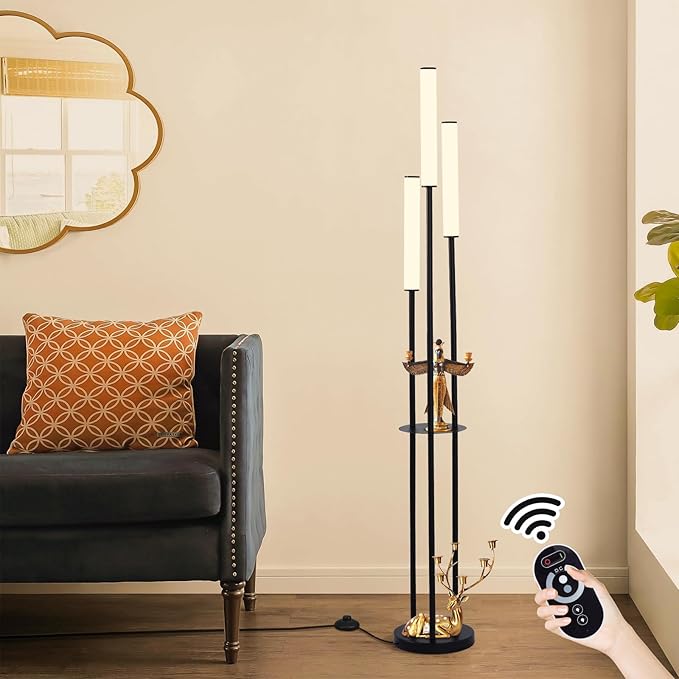 Ganeed LED Floor Lamp with Shelves,30W Modern Black Tall Lamps with 3 Acrylic Lampshade,3000K Warm Light Standing Lamps with Foot Switch and Remote Control (66.5 inch) - LeafyLoom