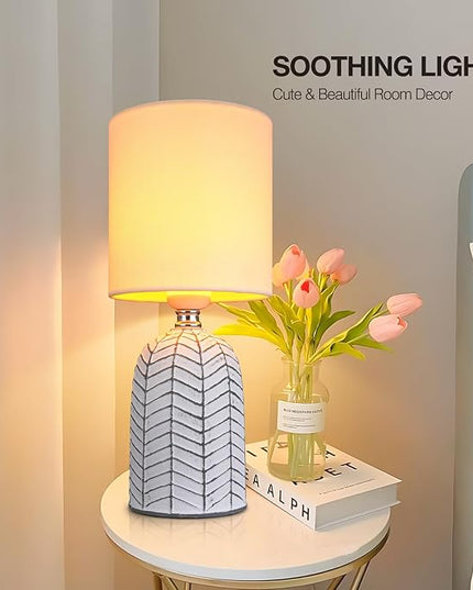 AIDENOEY Small Table Lamp for Bedroom -Bedside Desk Reading Lamps with 3 Way DimmableTouch Control,Nightstand Ceramic Lamp with Fabric Shade for Kids Room,Living Room,Dorm,Home Office(Grey+White) - LeafyLoom