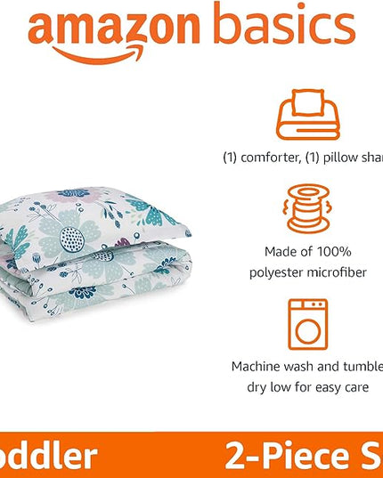 Amazon Basics 2 Piece Microfiber Kid's Comforter and Pillow Sham Set, Toddler, Purple Flowers, Floral - LeafyLoom