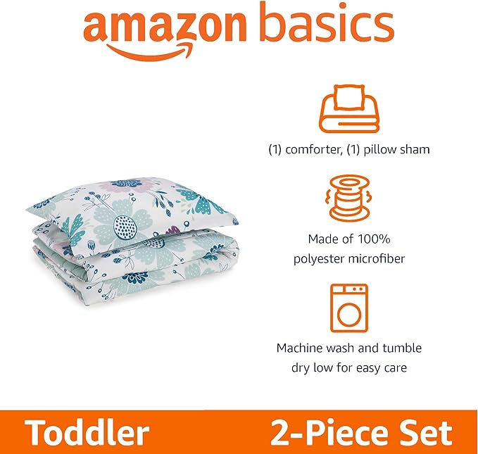 Amazon Basics 2 Piece Microfiber Kid's Comforter and Pillow Sham Set, Toddler, Purple Flowers, Floral - LeafyLoom