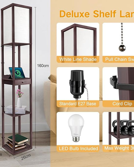 OUTON Deluxe Shelf Floor Lamp with 1 Drawer, 2 USB-C Ports, 2 AC Outlets, LED Modern Floor Lamp with 3 Color Temperature, Storage Display Wood Standing Lamp for Living Room, Bedroom, Office (Walnut) - LeafyLoom