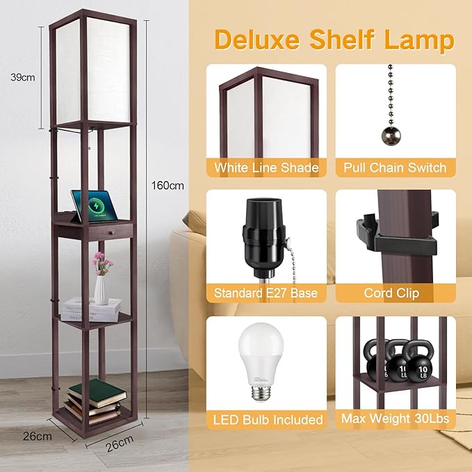 OUTON Deluxe Shelf Floor Lamp with 1 Drawer, 2 USB-C Ports, 2 AC Outlets, LED Modern Floor Lamp with 3 Color Temperature, Storage Display Wood Standing Lamp for Living Room, Bedroom, Office (Walnut) - LeafyLoom