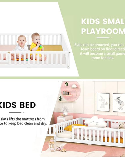 Multifunctional Full Size Floor Bed with Safety Guardrails and Door, Removable Wood Slats, Montessori Beds Frame for Toddlers, for Boys and Girls, White - LeafyLoom