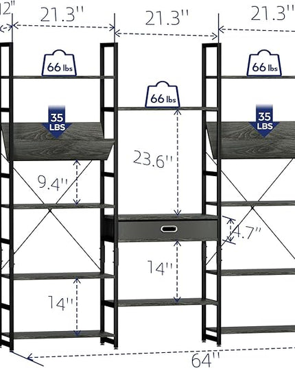 NUMENN Triple Wide 5 Tier Bookshelf, Adjustable Rustic Industrial Style Book Shelves, Modern Bookcases and Bookshelves Furniture for Bedroom, Living Room and Home Office, Dark Grey - LeafyLoom