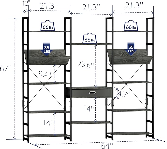 NUMENN Triple Wide 5 Tier Bookshelf, Adjustable Rustic Industrial Style Book Shelves, Modern Bookcases and Bookshelves Furniture for Bedroom, Living Room and Home Office, Dark Grey - LeafyLoom