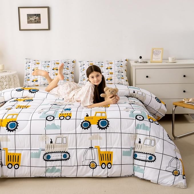 Feelyou Construction Truck Comforter Set Twin Size Kids Machinery Truck Excavators Vehicles Comforter for Boys Teens Cartoon Tractor Bedding Set Excavator Tractor Plaid Grid White Duvet Set Quilt Set - LeafyLoom