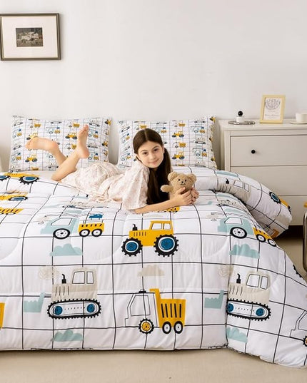 Feelyou Construction Truck Comforter Set King Size Kids Machinery Truck Excavators Vehicles Comforter for Boys Teens Cartoon Tractor Bedding Set Excavator Tractor Plaid Grid White Duvet Set Quilt Set - LeafyLoom