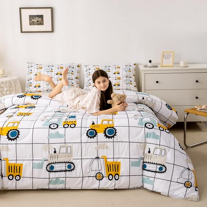 Feelyou Construction Truck Comforter Set King Size Kids Machinery Truck Excavators Vehicles Comforter for Boys Teens Cartoon Tractor Bedding Set Excavator Tractor Plaid Grid White Duvet Set Quilt Set - LeafyLoom