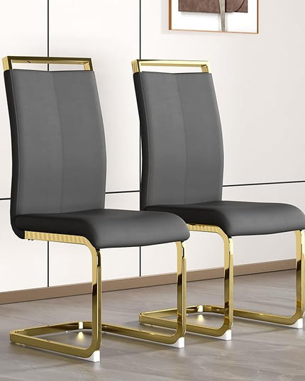 Modern Dining Chairs Set of 2, Side Dining Room Chairs with Gold Frame, Kitchen Chairs with Faux Leather Padded Seat High Back, Chairs for Dining Room, Kitchen, Living Room Dark Grey - LeafyLoom