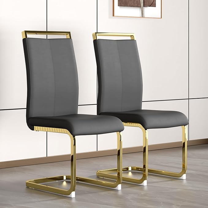 Modern Dining Chairs Set of 2, Side Dining Room Chairs with Gold Frame, Kitchen Chairs with Faux Leather Padded Seat High Back, Chairs for Dining Room, Kitchen, Living Room Dark Grey - LeafyLoom