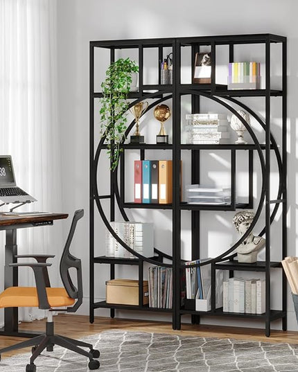 Bookshelf, 70.9” Wood Bookcases Open Shelves with Metal Frame, 7 Tier Tall Book Shelf, Freestanding Display Rack Storage Shelving Unit for Bedroom, Living Room, Easy Assembly (Black) - LeafyLoom