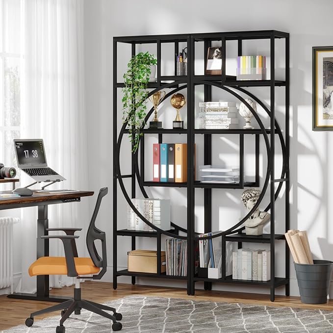 Bookshelf, 70.9” Wood Bookcases Open Shelves with Metal Frame, 7 Tier Tall Book Shelf, Freestanding Display Rack Storage Shelving Unit for Bedroom, Living Room, Easy Assembly (Black) - LeafyLoom