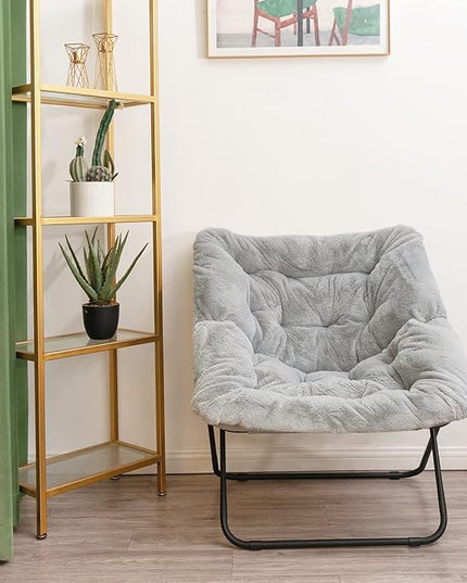 Tiita Comfy Saucer Chair, Soft Faux Fur Oversized Folding Accent Chair, Lounge Lazy Chair for Kids Teens Adults, Metal Frame Moon Chair for Bedroom, Living Room, Dorm Rooms, X-Large, Grey - LeafyLoom