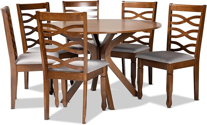 Baxton Studio Mila Modern and Contemporary Grey Fabric Upholstered and Walnut Brown Finished Wood 7-Piece Dining Set - LeafyLoom