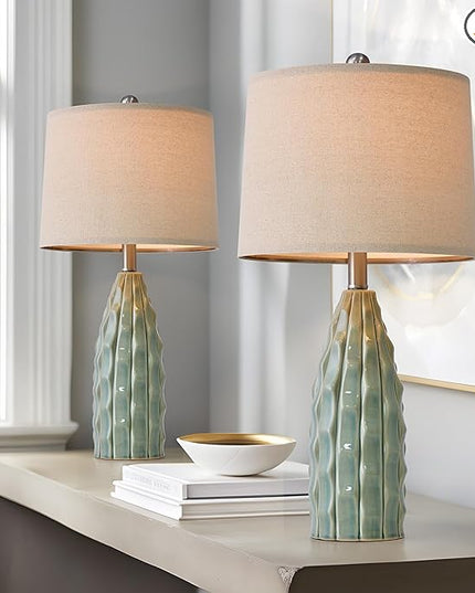 23.75" Modern Green Ceramic Lamps Set of 2 for Living Room Study Room Office Dorm Farmhouse Nightstand, End Table Lamps - LeafyLoom
