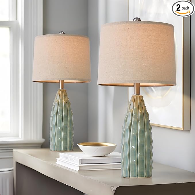 23.75" Modern Green Ceramic Lamps Set of 2 for Living Room Study Room Office Dorm Farmhouse Nightstand, End Table Lamps - LeafyLoom
