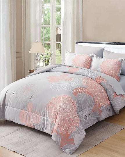Yiran 7 Pieces Blush Grey Comforter Set Floral Bed in a Bag Soft Microfiber Comforter Bedding Set Queen Size 90"×90"(1 Comforter,2 Pillowcases,2 Pillow Shams,1 Flat Sheet,1 Fitted Sheet) - LeafyLoom