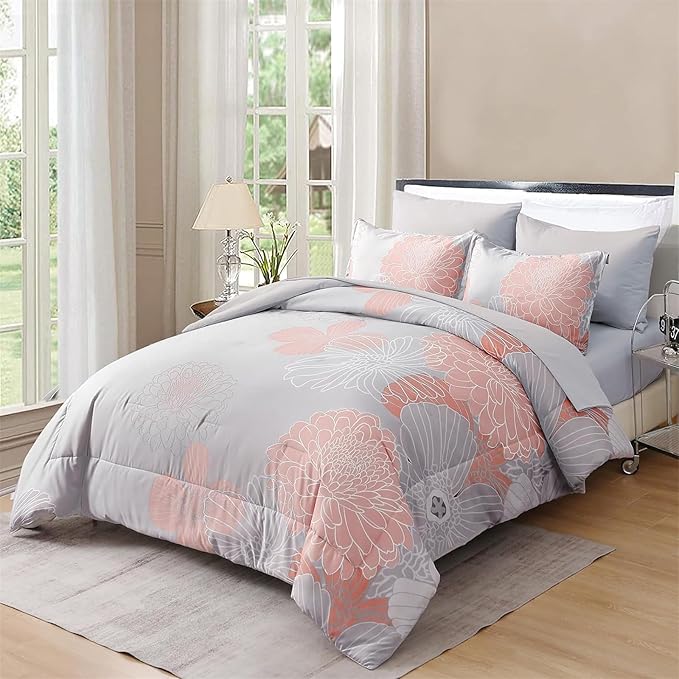 Yiran 7 Pieces Blush Grey Comforter Set Floral Bed in a Bag Soft Microfiber Comforter Bedding Set Queen Size 90"×90"(1 Comforter,2 Pillowcases,2 Pillow Shams,1 Flat Sheet,1 Fitted Sheet) - LeafyLoom