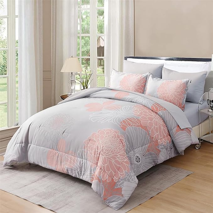 Yiran Blush Grey Floral Bed in a Bag Comforter 7 Pieces Soft Microfiber Comforter Set Bedding Set King Size 103"×90"(1 Comforter,2 Pillowcases,2 Pillow Shams,1 Flat Sheet,1 Fitted Sheet) - LeafyLoom