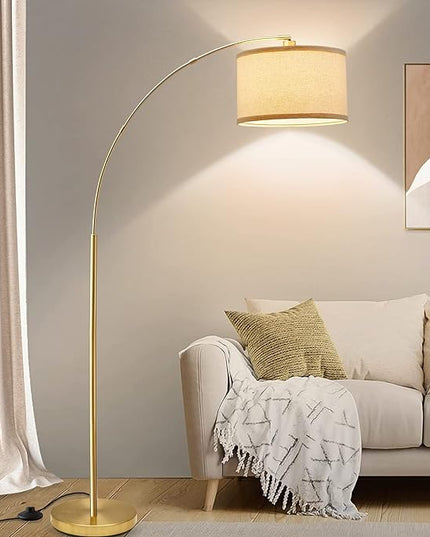 Arc Floor Lamps for Living Room, Gold Modern Floor Lamp, Tall Pole Lamp with Foot Switch, Adjustable Hanging Drum Shade, Over Couch Arched Reading Light for Bedroom, Office, LED Bulb Not Include - LeafyLoom