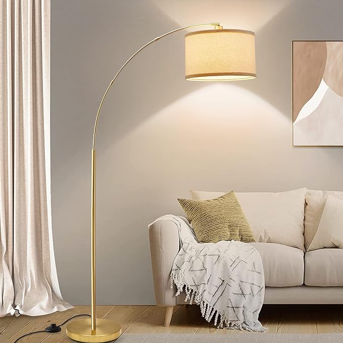 Arc Floor Lamps for Living Room, Gold Modern Floor Lamp, Tall Pole Lamp with Foot Switch, Adjustable Hanging Drum Shade, Over Couch Arched Reading Light for Bedroom, Office, LED Bulb Not Include - LeafyLoom