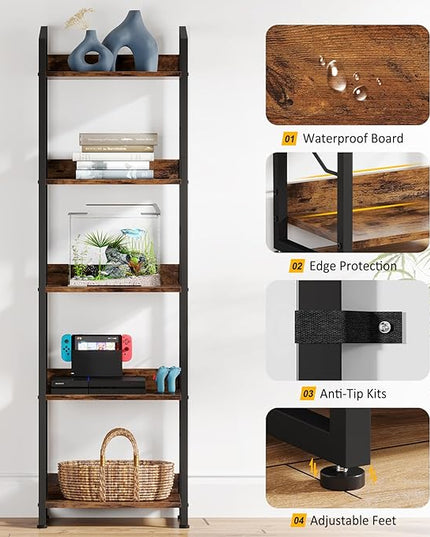 5 Tier Narrow Bookshelf: Tall Bookcase Book Shelf for Bedroom, Industrial Modern Bookshelves for Small Spaces (Rustic Brown) - LeafyLoom