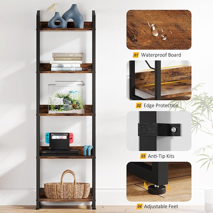 5 Tier Narrow Bookshelf: Tall Bookcase Book Shelf for Bedroom, Industrial Modern Bookshelves for Small Spaces (Rustic Brown) - LeafyLoom