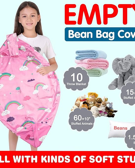 Lukeight Unicorns Stuffed Animal Storage Bean Bag Chair Cover for Kids, Unicorns Zipper Beanbag Chair Cover for Organizing Toddler & Kids' Rooms Plush Toys (Rainbow Pink, Large) - LeafyLoom