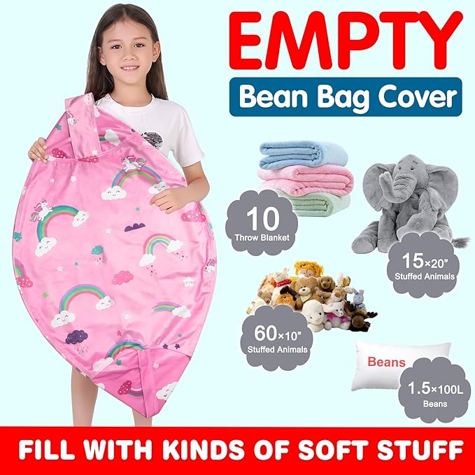Lukeight Unicorns Stuffed Animal Storage Bean Bag Chair Cover for Kids, Unicorns Zipper Beanbag Chair Cover for Organizing Toddler & Kids' Rooms Plush Toys (Rainbow Pink, Large) - LeafyLoom
