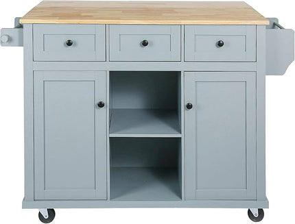 Kitchen Island with Drop-Leaf Countertop, Kitchen-Cart on Five Universal Wheels w/Open Shelves, Storage Cabinet and Three Drawers, Large Rubberwood Top Breakfast Bar for Dining Room - LeafyLoom