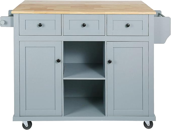 Kitchen Island with Drop-Leaf Countertop, Kitchen-Cart on Five Universal Wheels w/Open Shelves, Storage Cabinet and Three Drawers, Large Rubberwood Top Breakfast Bar for Dining Room - LeafyLoom