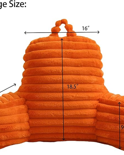 WERDIM Reading Pillow for Sitting in Bed, Faux Fur Back Pillow for Bed Rest, Bed Chair Pillow with Arms and Pockets(Large, Orange) - LeafyLoom