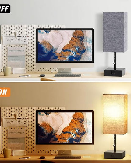 Table Lamp for Bedroom Set of 2, Warm White Bedside Lamps with USB Type C Outlets, Square Pull Chain Nightstand Lamp for Living Room, Office Desk, LED Bulb Included - LeafyLoom