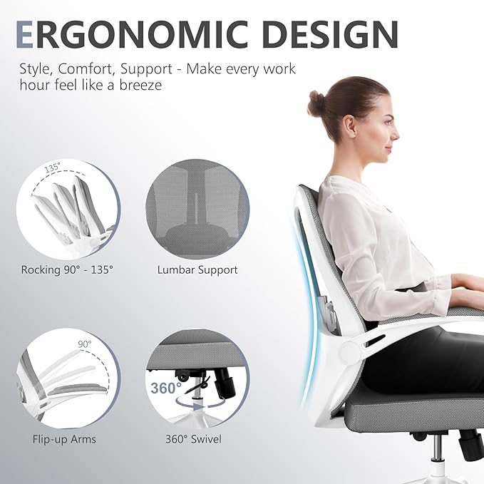Office Chair with 350LBS Capacity, Ergonomic Comfort Home Desk Chair, Mid Back Gaming Chair with Wheels, Adjustable Height, Lumbar Support, Flip-up Armrest - LeafyLoom